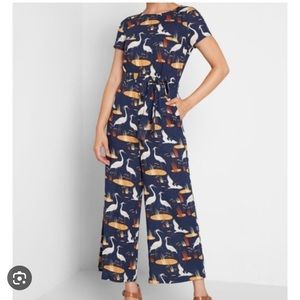 ModCloth bold notion linen blend navy bird jumpsuit